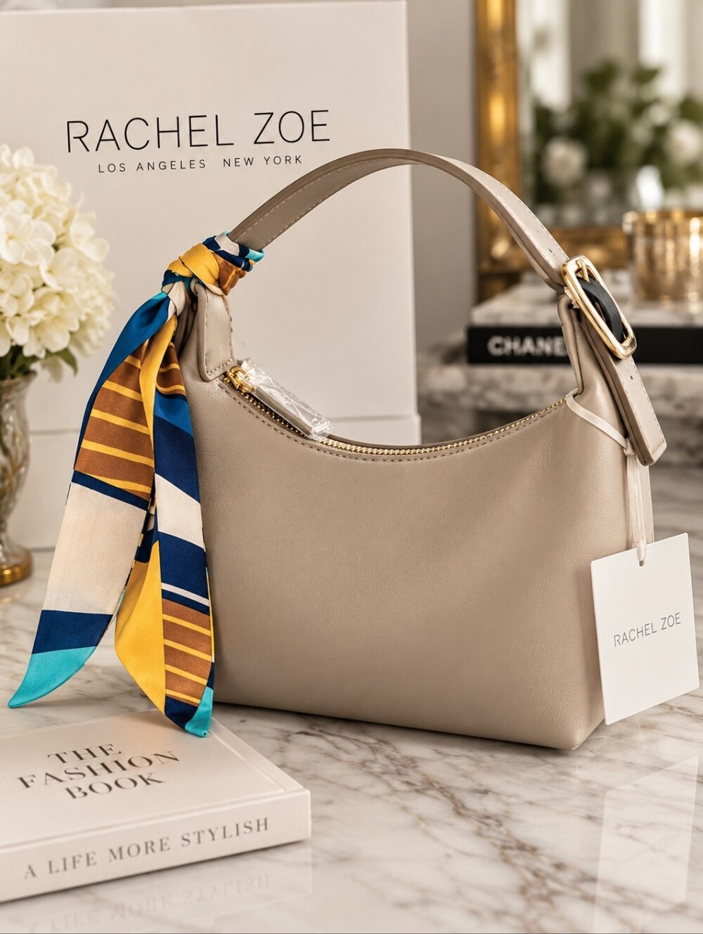 NWT Rachel Zoe Taupe Hobo Shoulder Bag Gold Buckle + Added Twilly & Dustbag